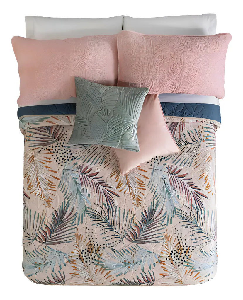 Edredon Creta King Size Hojas Rosa/azul 2 Vistas Vianney
